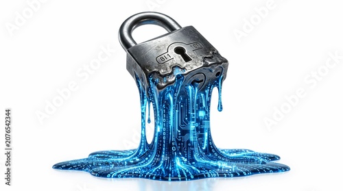 Cybersecurity data breach concept with melting metal padlock, digital blue liquid dripping from broken lock, network security failure illustration