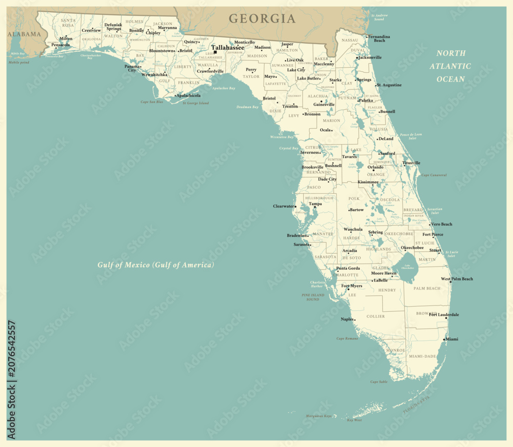 Obraz premium Florida - detailed map with administrative divisions and cities. Vector illustration of US state