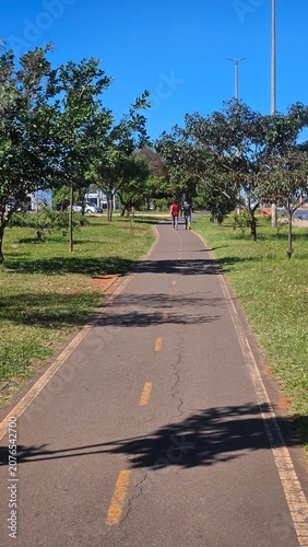 Paved two-way bicycle path passing through green grass and trees on a sunny day
