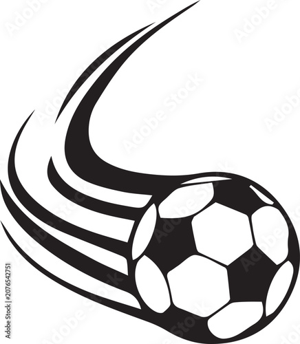 Dynamic soccer ball flying with speed motion trails, black and white football vector illustration, athletic sports equipment icon for team logos and tournament branding