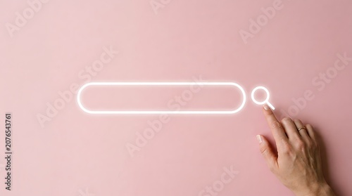 Hand touching search bar icon glowing on pink background backdrop