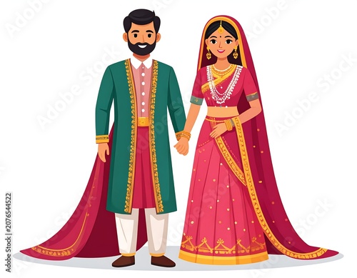 Indian bride and groom in traditional red wedding attire standing together.