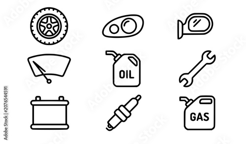 Automotive maintenance line icons vector illustration with simplified car body parts and garage tool linear shapes