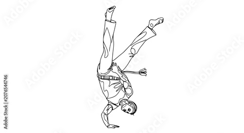 Bild auf Leinwand Capoeira dancer performing handstand kick in continuous line art style