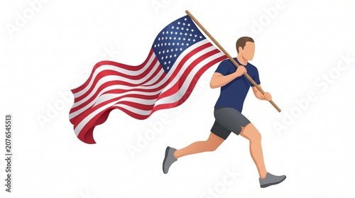 Athletic male runner carrying a waving United States flag during a marathon or celebration, representing patriotism and sportsmanship