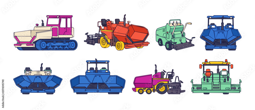Naklejka premium Asphalt paver vector construction machinery icons set, paving equipment, road construction vehicles, asphalt laying machine illustration collection in line art style isolated on white background visua
