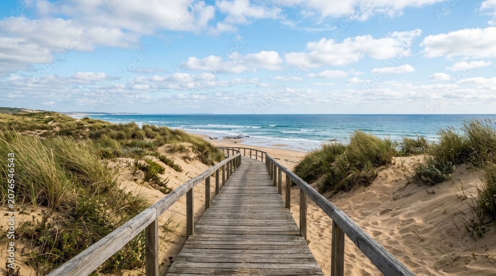 Obraz premium Wooden boardwalk to ocean beach pathway.