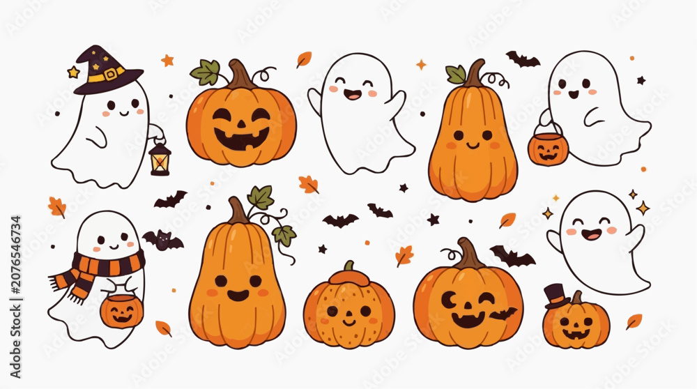 Fototapeta premium Cute Halloween Ghosts and Pumpkins with Bats and Leaves Illustration Isolated on white background