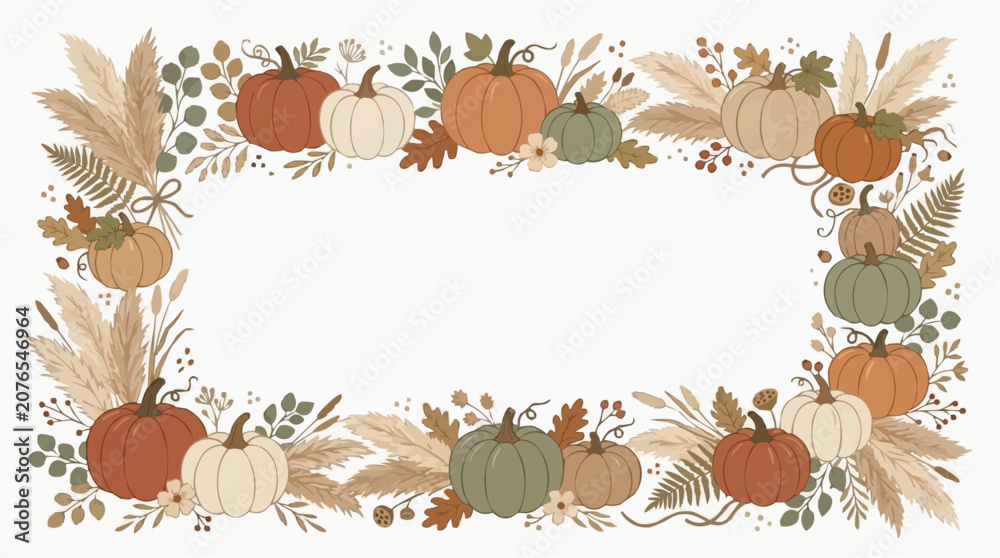 Obraz premium Autumn harvest border with pumpkins and dried grasses in muted earth tones Isolated on white background
