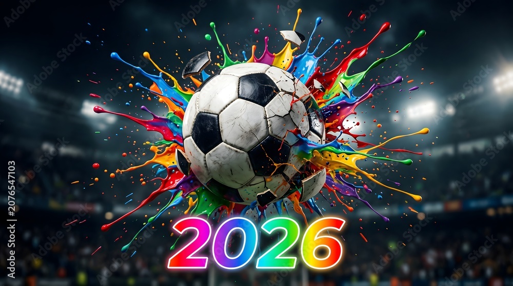 Fototapeta premium Soccer Ball Exploding with Colorful Light Effects in Stadium Setting Futuristic Style