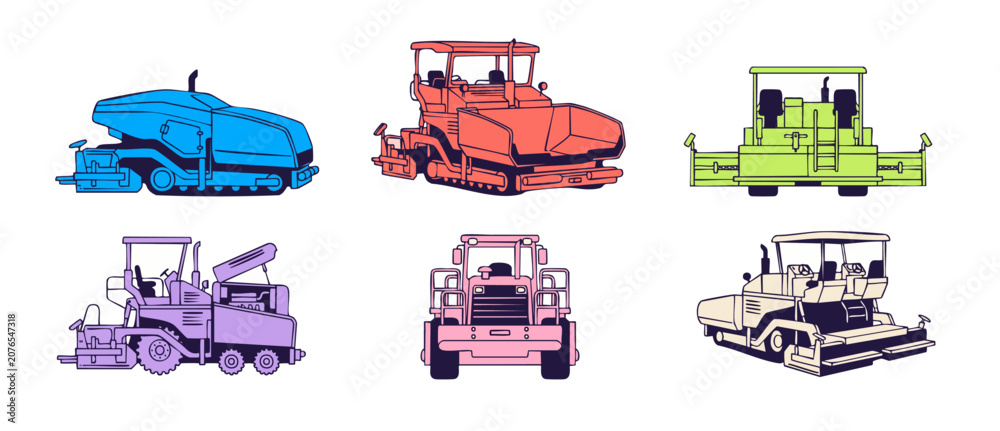 Fototapeta premium Asphalt paver vector illustration set of road construction machinery icons. Heavy equipment vehicles for highway paving, industrial engineering, plus building site design elements on white background.