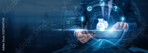Quadro su tela Financial Manager Analysing Budget Using Tablet and Networking Data, cost planni