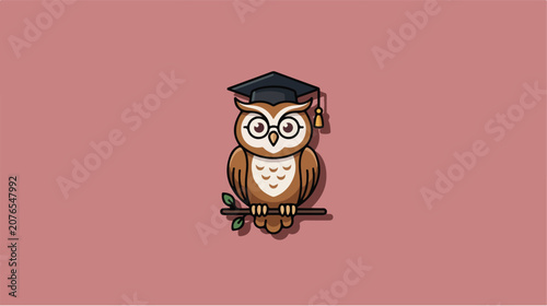 Foto Wise owl character wearing a graduation cap and glasses sitting on a branch