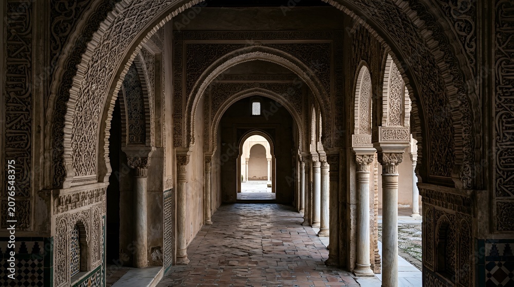 Naklejka premium Arched Corridor with Intricate Arabesque Patterns and Sunlight
