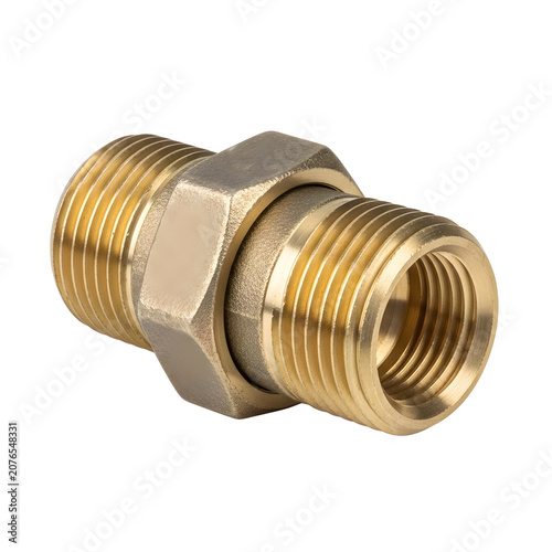 Brass union fitting pipe connector with male and female thread isolated on white.