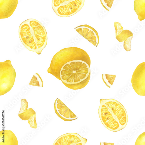 Watercolor yellow fresh lemons. Seamless pattern. Hand-painted botanical illustration. Isolated on a white background. For fabric design, wrapping paper, packaging, stationary, kitchen decor.