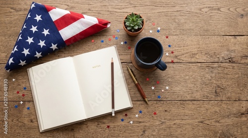 American Flag, Open Notebook, Coffee Mug, and Plant on a Wooden Table with Patriotic Confetti