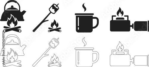 Camping icons set with campfire kettle, marshmallow on stick, hot coffee mug and portable gas stove, black silhouette and outline vector graphics