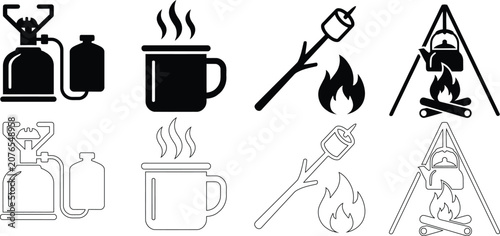Camping icons set with outdoor cooking equipment, minimalist campfire and hiking gear vectors, black silhouette and line art symbols for tourism