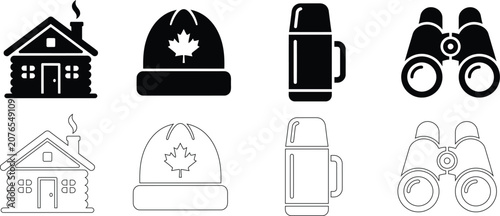 Winter camping icons set, black and white outdoor adventure vector symbols, log cabin and maple leaf beanie hat graphics