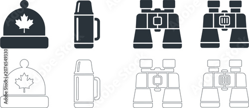 Camping and hiking equipment icon set, black silhouette and outline outdoor gear vectors, winter beanie with maple leaf, thermos and binoculars