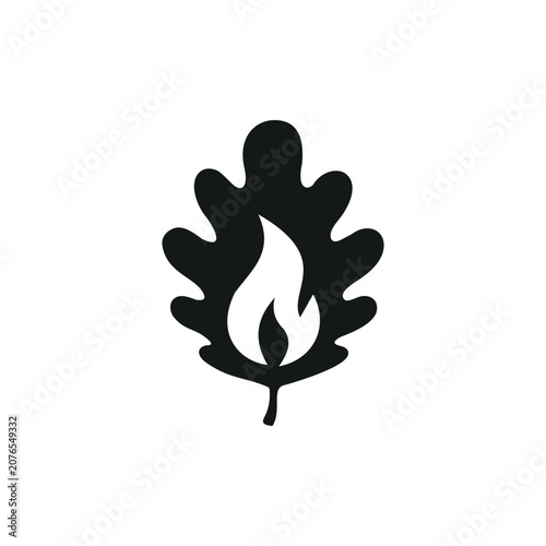 Black oak leaf and flame logo, suitable for outdoor brands, natural products, firewood, camping, forestry, energy, and rustic business identity.