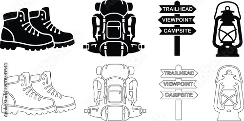 Hiking and camping gear icons set, black silhouette and outline vector illustrations of backpack, boots, lantern and trail signs