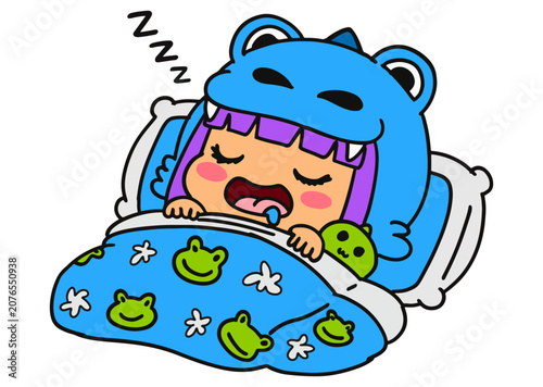 Cute Girl Wearing Blue Dinosaur Pajamas Sleeping Peacefully