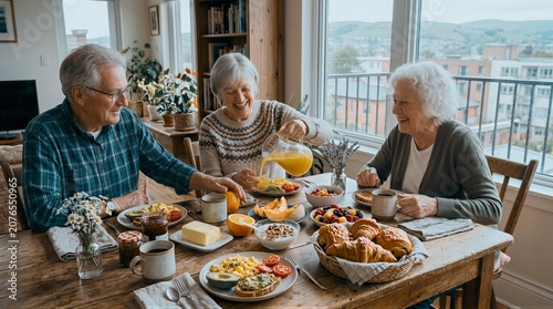 Seniors enjoying breakfast together at wooden table in cozy home smiling laughing