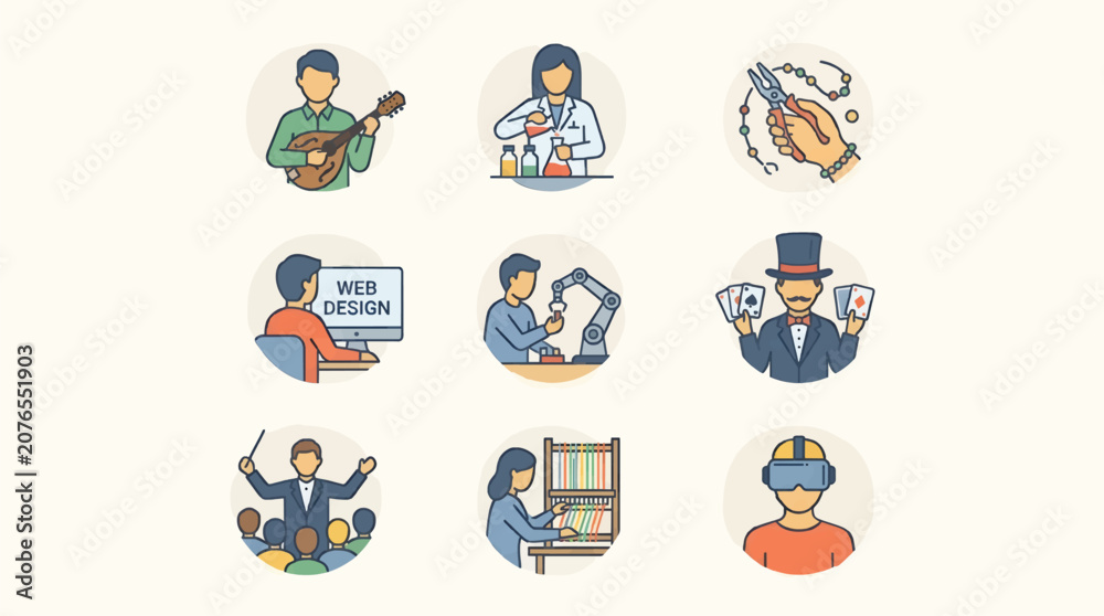 Fototapeta premium Flat Illustration Icon Sheet of Diverse Professions and Hobbies, Featuring Music, Science, Crafting, Web Design, Engineering, Magic, Conducting, Weaving, and VR