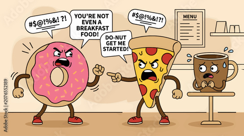 Anthropomorphic Donut and Pizza Slice Arguing with Scared Coffee Cup in Cafe, Flat Vector Illustration with Speech Bubbles, Funny Food Conflict Scene