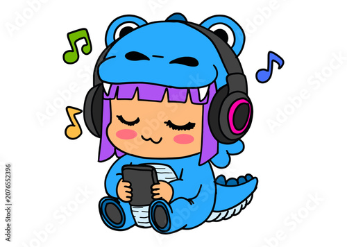 Cute Girl Wearing Blue Dinosaur Pajamas Listening to Music