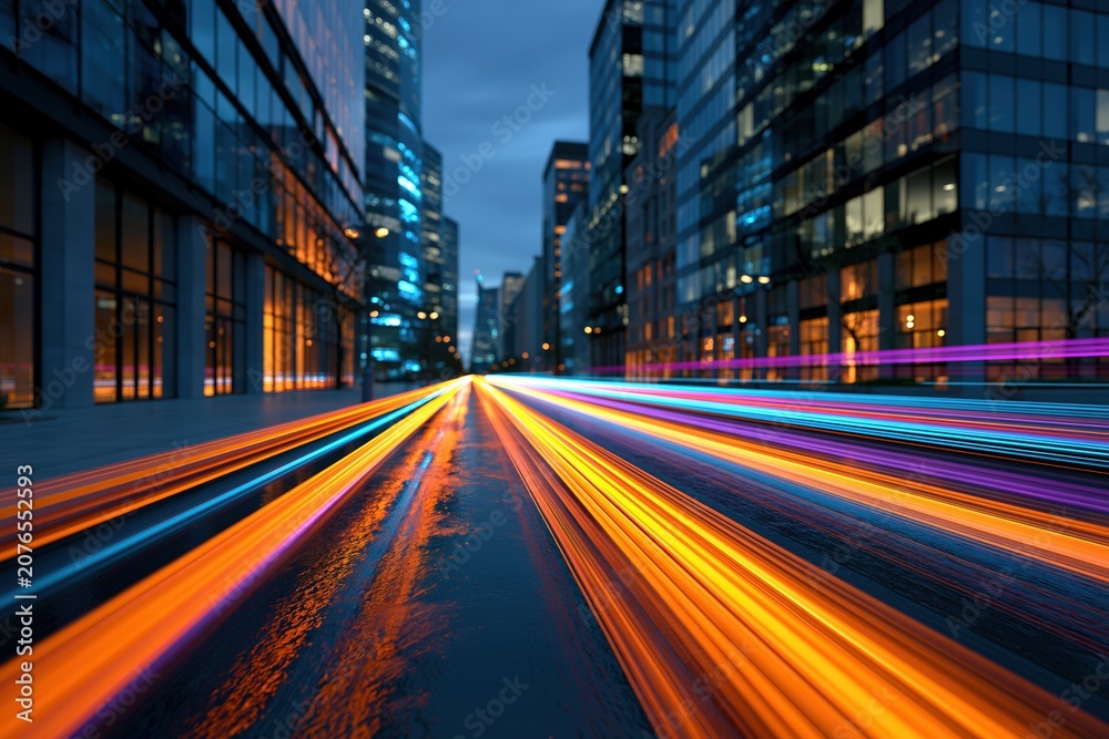 Naklejka premium Luminous traffic trails in modern city at night with glass office towers and neon reflections