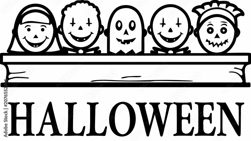 Naklejka premium Halloween character line art illustration with a banner black and white outline design characters line art black and white