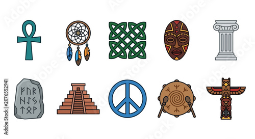 Ancient history and cultural symbols line icon set
