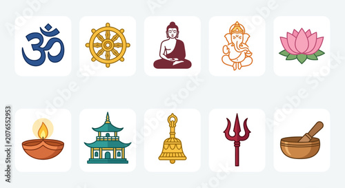 Eastern spirituality hinduism and buddhism icon set flat line illustration