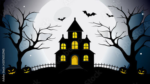 Fotografie Silhouette Of A Haunted House With Bats And Jack o lanterns Against A Gradient B