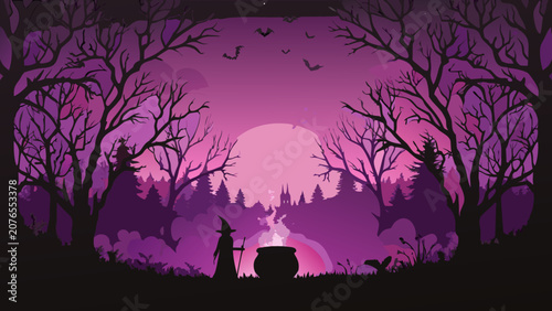 Foto Silhouette of a witch standing before a cauldron in a dark purple forest scene d