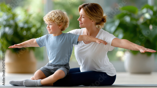 Mother and young son doing seated yoga at home in a balancing pose for family wellness and calm background