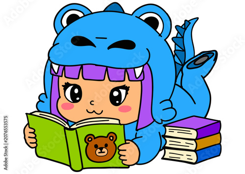 Cute Girl Wearing Blue Dinosaur Pajamas Reading Books