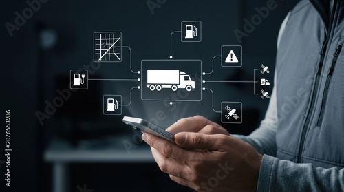 Fotografie Logistics operator using smartphone to monitor truck fleet locations and chargin
