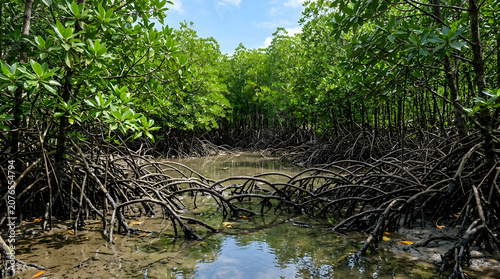 Mangrove trees in a mangrove forest with dense tropical roots.