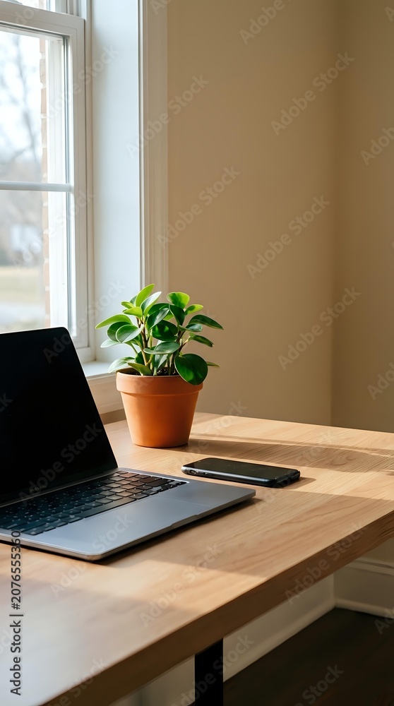 Fototapeta premium Laptop and smartphone on wooden desk with potted green plant by bright window, neutral beige wall background, modern workspace setup for remote work and productivity.
