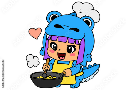 Cute Girl Wearing Blue Dinosaur Pajamas Cooking a Meal