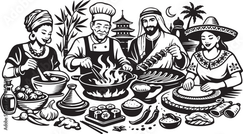 People cooking together outdoors, multicultural chefs preparing food