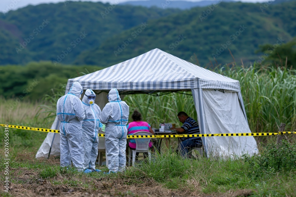 Fototapeta premium Public health team in protective suits working at rural field screening station
