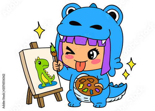 Cute Girl Wearing Blue Dinosaur Pajamas Painting on Canvas