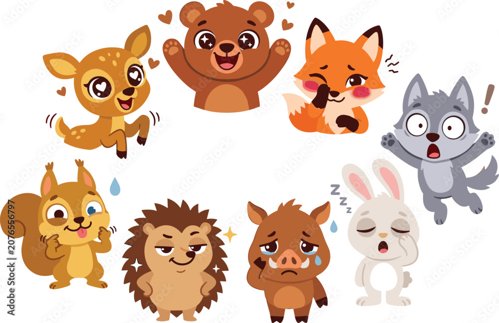 Fototapeta premium Cute Forest Animal Emotion Vector Set with Bear, Fox, Wolf, Deer, Squirrel, Boar, Rabbit, and Hedgehog Expression Illustrations