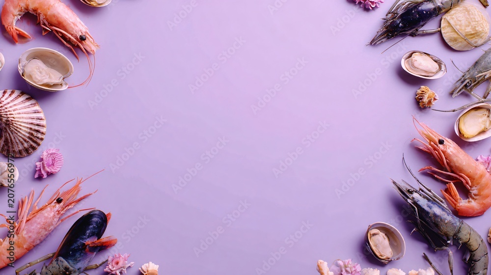 Obraz premium A pastel lavender background with seafood arranged in a soft circular pattern leaving the middle clear