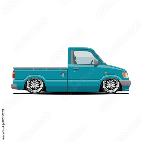 Customized Teal Pickup Truck, Lowrider Style, White Background